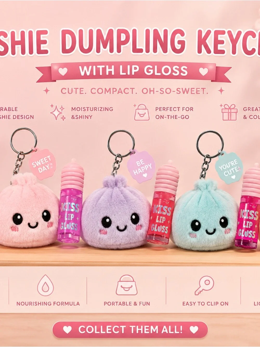 Squishie Dumpling Keychain Lip Gloss - Pastel Pink, Lavender, Mint